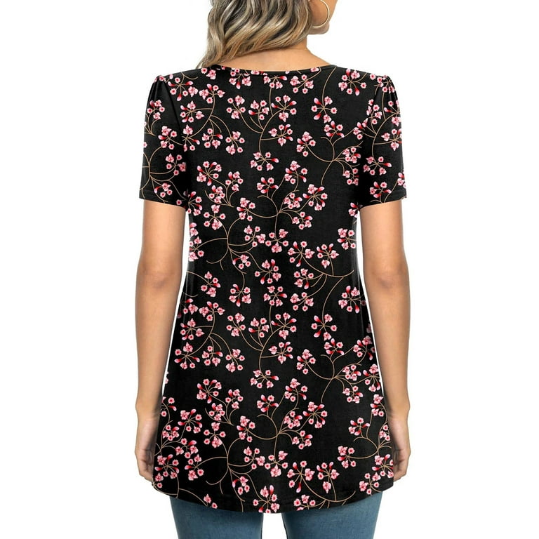 Fantaslook Dressy Blouses for Women Pleated Short Sleeve Tunic Tops Casual  Floral Shirts