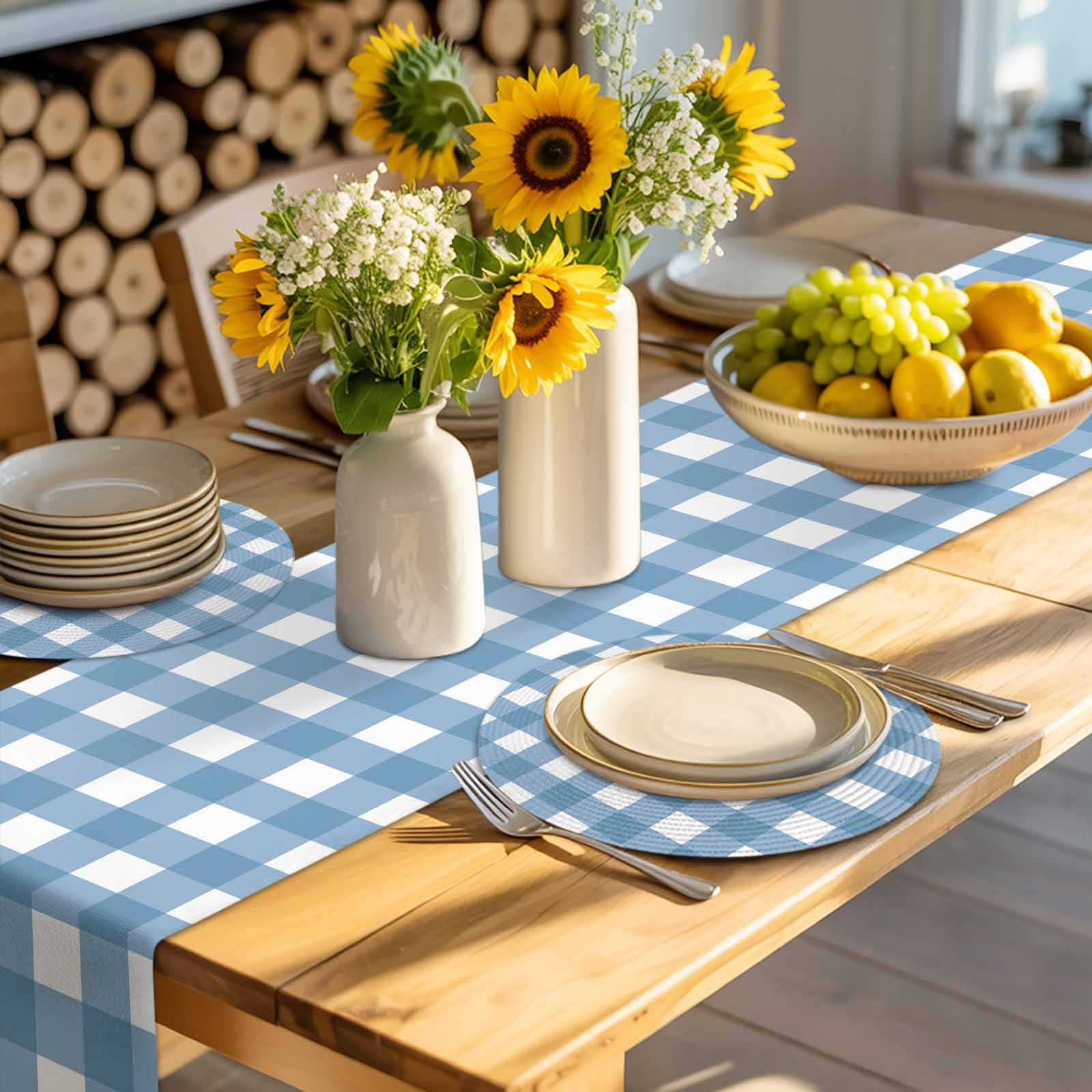 Round Woven Placemats set of 4, Farmhouse Vintage Washable&Heat Resistant Plastic Wipeable Placemats for Round Table Gingham Checkered Texture Kitchen Dining Table Decor, 13in, Steel Blue