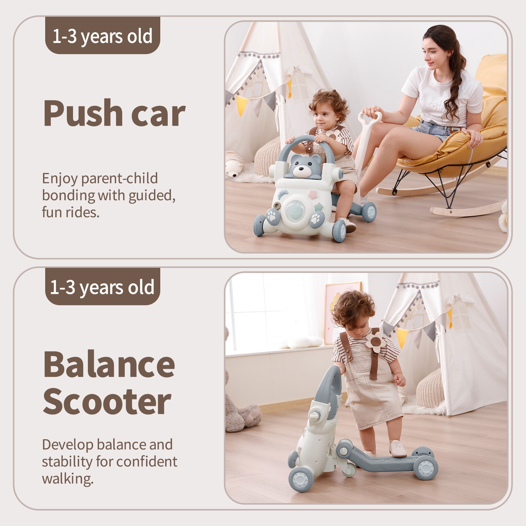 UNICOO® Beginner Steps Companion™ 3-in-1 Baby Sit to Stand Learning Walker, Early Learning Push Toys, Baby Push Walker, Sliding Bike & Push Car, Balance Scooter, Toddler 6-48 (Lulluby Gray)