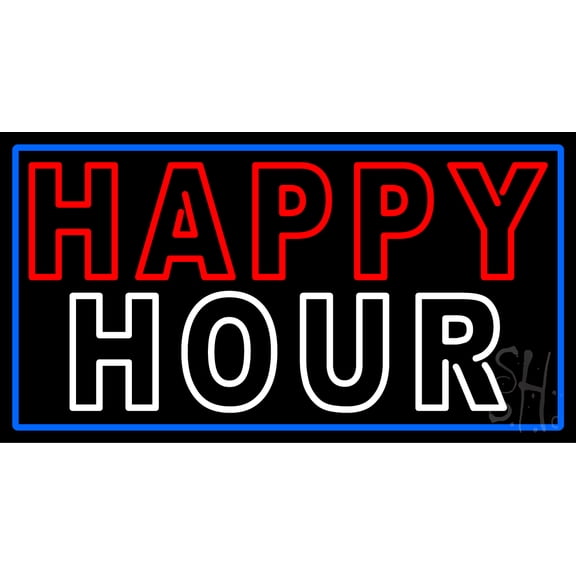 Double Stroke Happy Hour With Blue Border LED Neon Sign 20 x 37 - inches, Clear Edge Cut Acrylic Backing, with Dimmer - Bright and Premium built indoor LED Neon Sign for Bar decor.