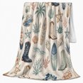 thumbnail image 2 of Watercolor Coastal Western Flannel Blanket with Surfboards and Cowboy Boots, Palm Trees Shells Coral Throw for Sunroom and Guest Room, Home Decor Gift for Beach Ranch Fans, 2 of 7