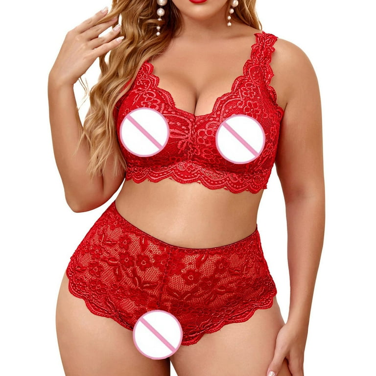 Plus Size 2 Piece Lingerie for Women Strappy Bra and Panty Underwear Sets  Mens Underwear Medium (Red, XL)