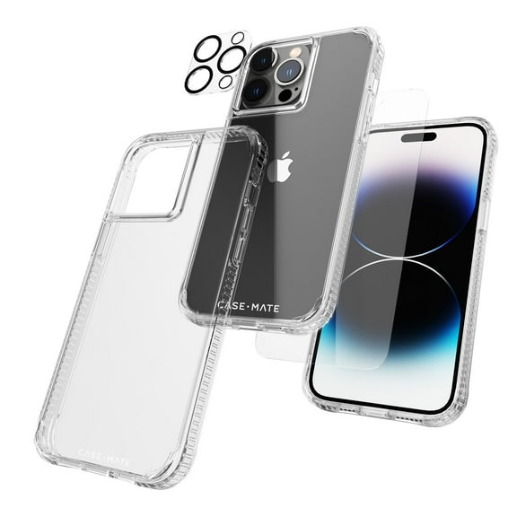 Case-Mate Tough Series Apple iPhone 14 Pro Case [Wireless Charging Compatible] w/ Tempered Screen Protector & Lens Protector - Clear