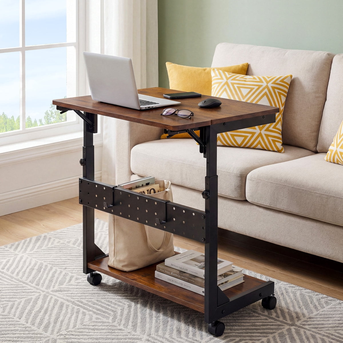 JIOABL Height Adjustable 2-Tier Computer Tower Stand with Folding Panel, Wheels, Pegboard & Mouse Pad, Rust