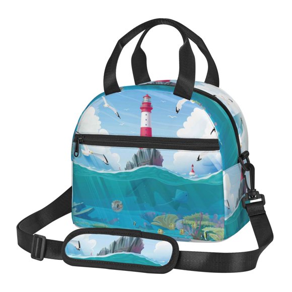 Xecao Lighthouse Sea Port Pattern Thermal Tote Lunch Cooler Bag with Front Utility Pocket Lightweight Insulation Tech Gym Office Commute Ready