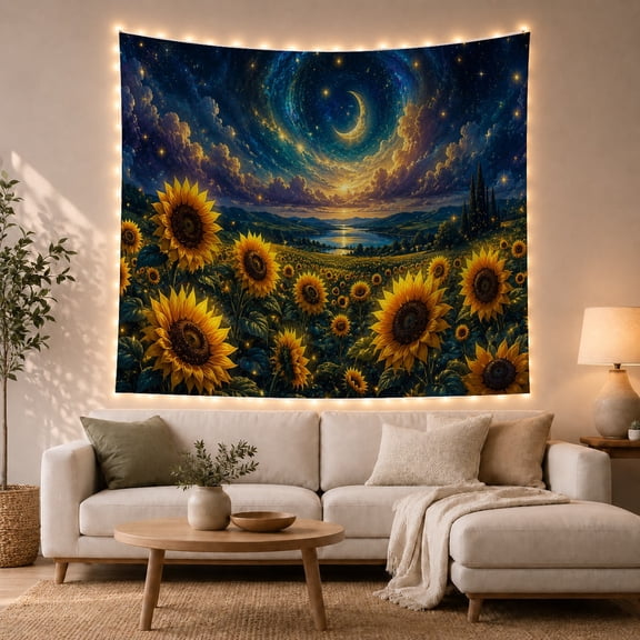 Sunflower Field Beside a Reflective Lake, Serene Celestial for Nature Lovers, Botanical Wall Art, Housewarming Gift, Tapestry Wall Hanging for Bedroom and Living Room