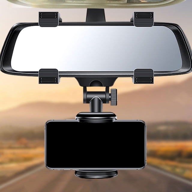 HONMEET Retractable Black Rear View Mirror Phone Holder for Car with 360 Degree Rotation and Extendable Mount