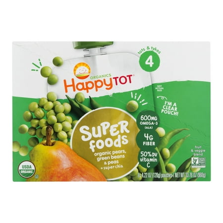 (8 Pouches) Happy Tot Super Foods Stage 4 Organic Pears, Green Beans & Peas + Super Chia Baby Food, 4.22
