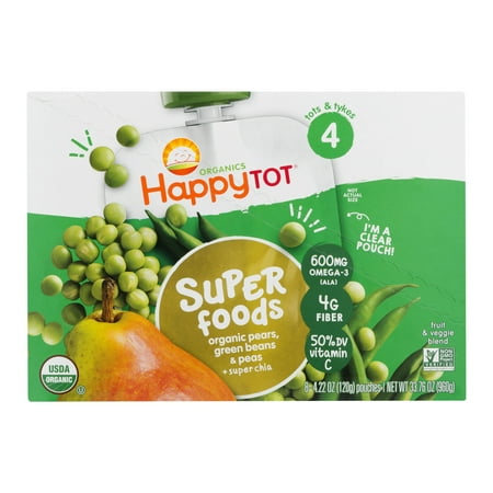 (8 Pouches) Happy Tot Super Foods Stage 4 Organic Pears, Green Beans & Peas + Super Chia Baby Food, 4.22 (Best Pears For Baby Food)