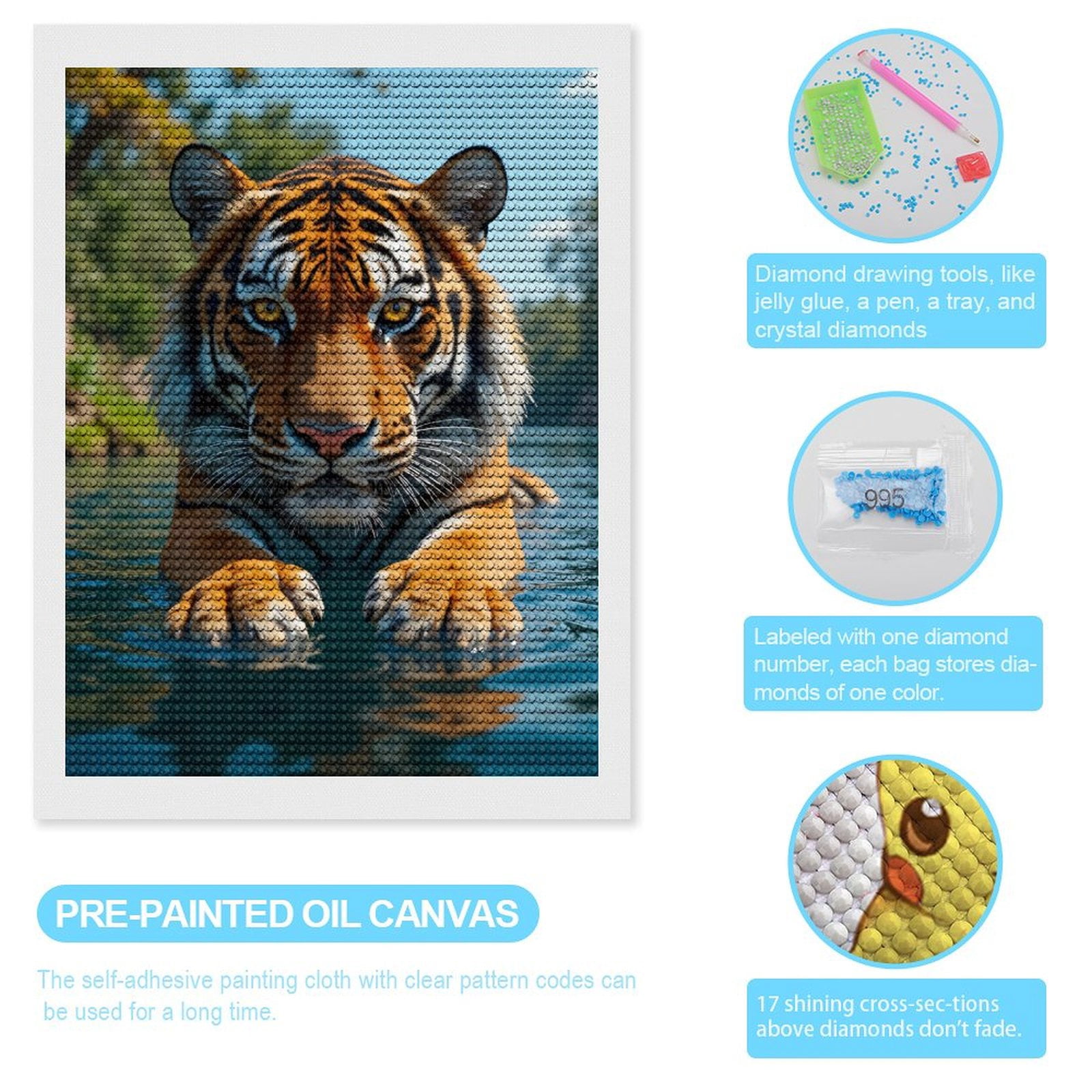 Diamond Art Kits for Adults, Majestic Tiger In River Scene 5D Diamond Painting Kits for Adults Beginners, DIY Full Drill Diamond Painting, Gem Art and Crafts 12x16