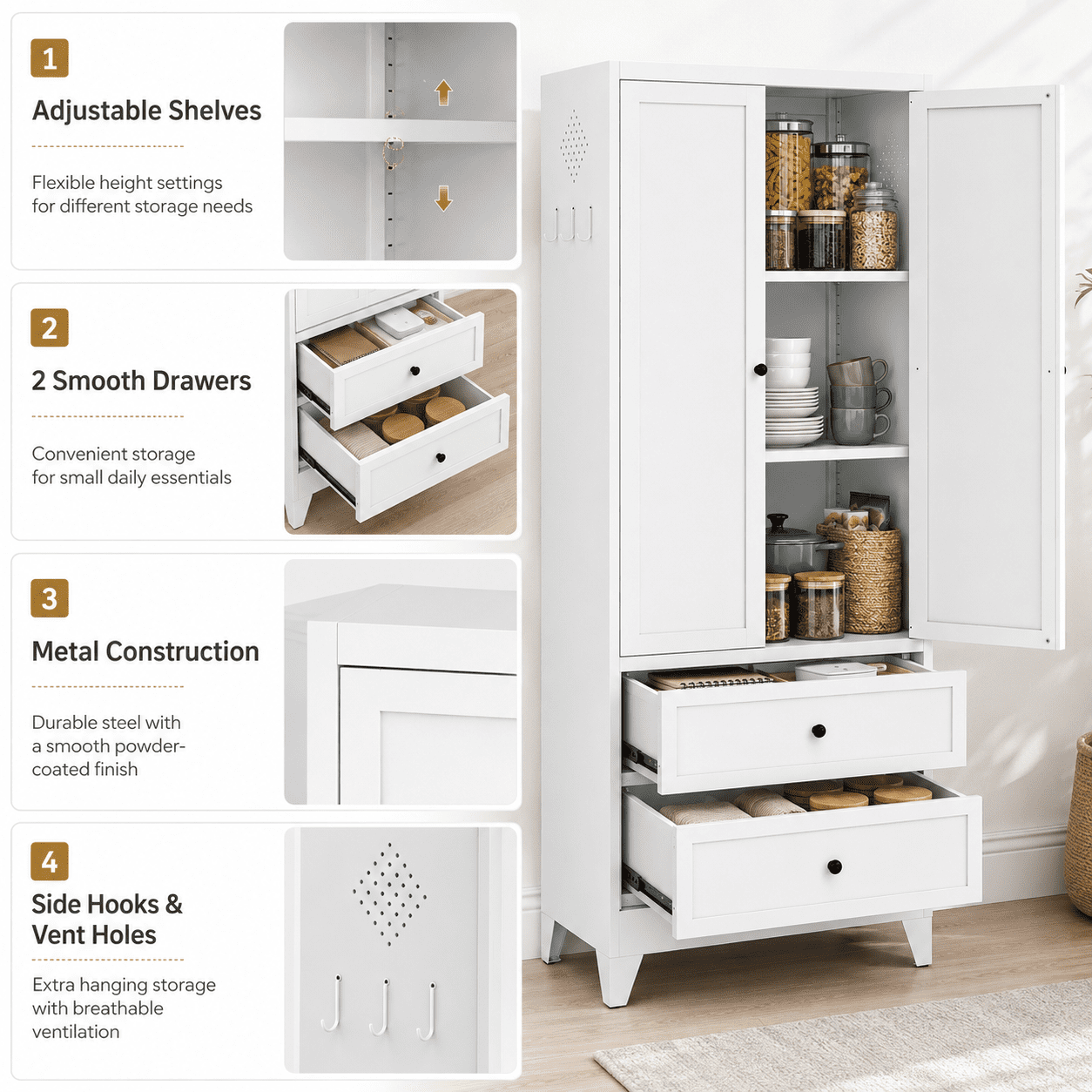 IKIMI 72" White Metal Pantry Cabinet with 2 Drawers and Adjustable Shelves, Tall Kitchen Storage Cabinet, Freestanding Cupboard for Dining Room, Bathroom, Laundry Room