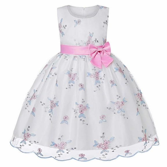 Otqutp Pageant Dresses for Flower Girls Embroidered Bowknot Dress Mesh Princess Tutu Girls Dress Little Girls Party Mesh Princess Pageant Dress(Pink,6-7 Years)