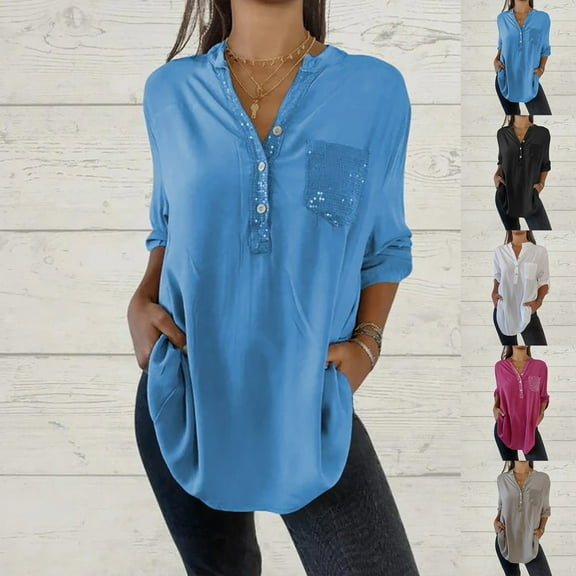 Wlynlyn Womens Plus Size Tunic or Tops to Wear with Leggings Long Sleeve Shirts Button V Neck Dressy Casual Blouses