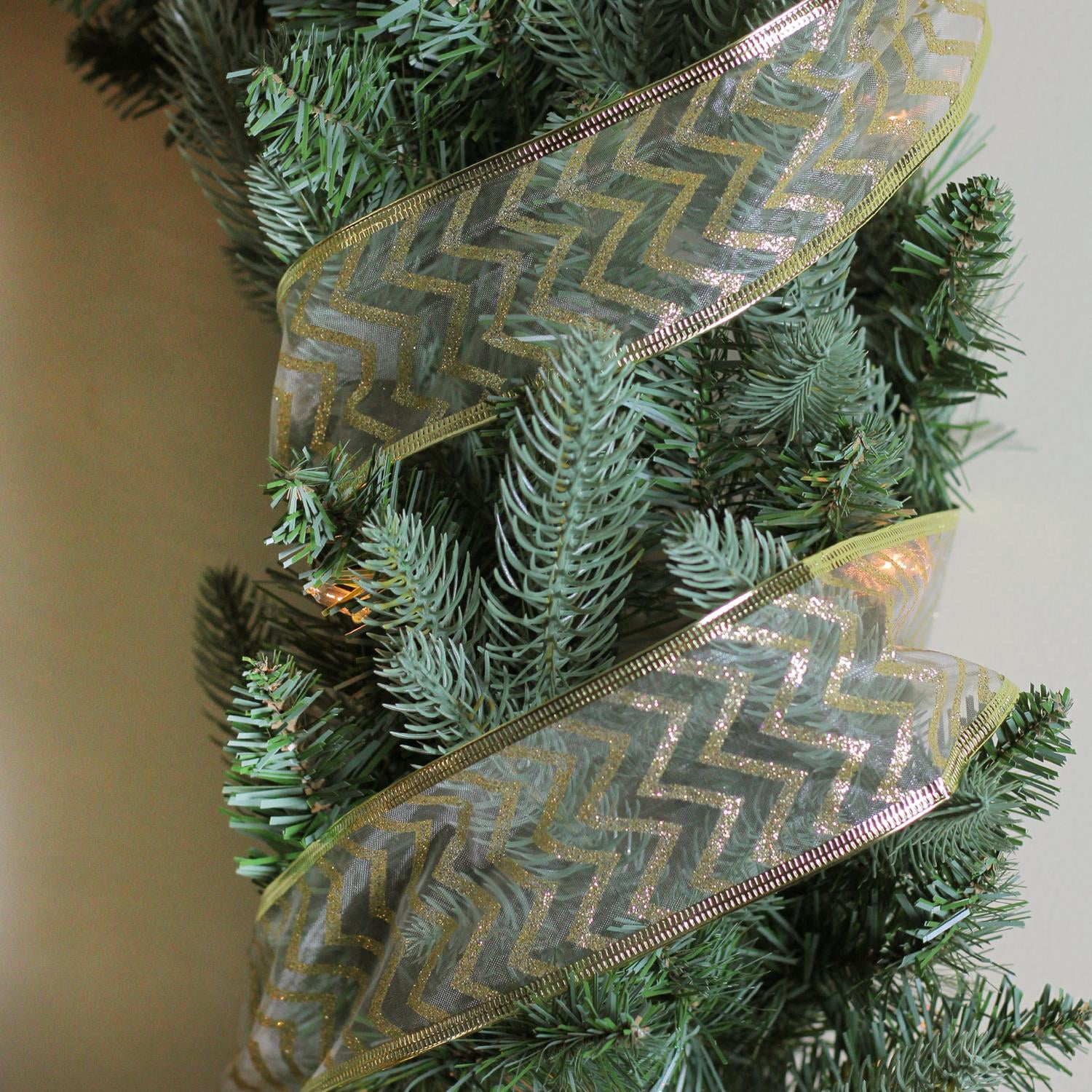 Green Chevron Print Wired Christmas Craft Ribbon