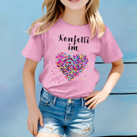 Girls Carnival Print Short Sleeve T-Shirt Colorful Festival Graphic Tee for Kids Comfortable Round Neck Top
