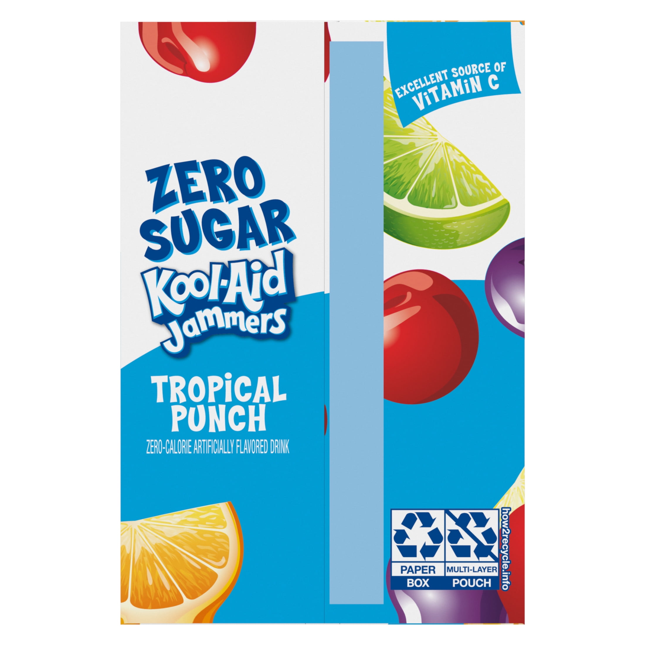 Kool-Aid Zero Sugar Jammers Artificially Flavored Drink, 10 Pouches, for School Lunches and On-the-Go Hydration, Tropical Punch Flavor, Zero Calories, 6 fl oz