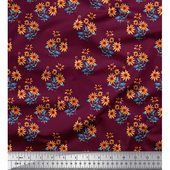 Soimoi Crepe Silk Fabric Leaves & Daisy Floral Print Fabric by The Yard 42 Inch Wide