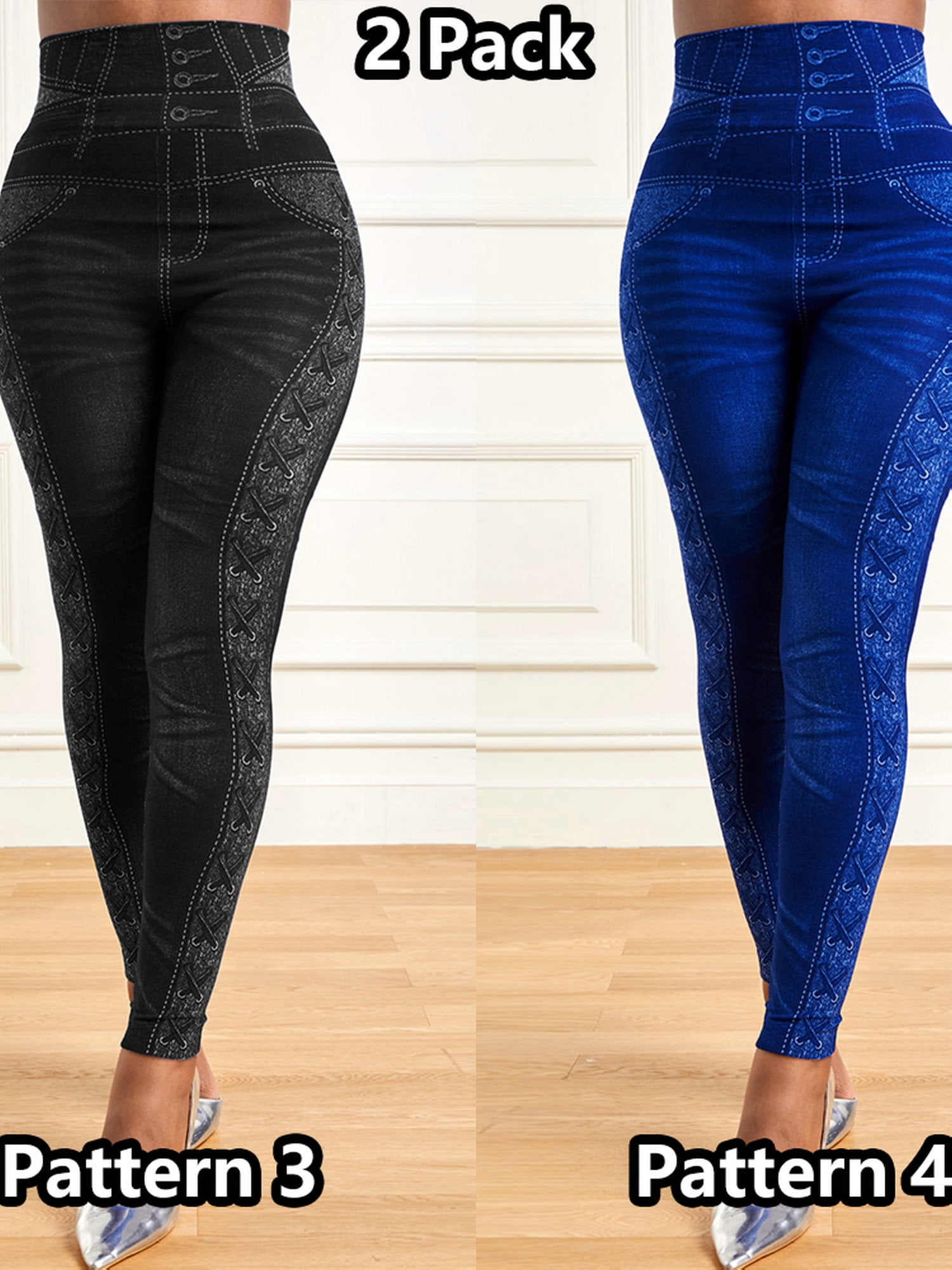 FASHIONWT Women High-Rise Faux Denim Jeans Skinny Stretchy Leggings Jeggings
