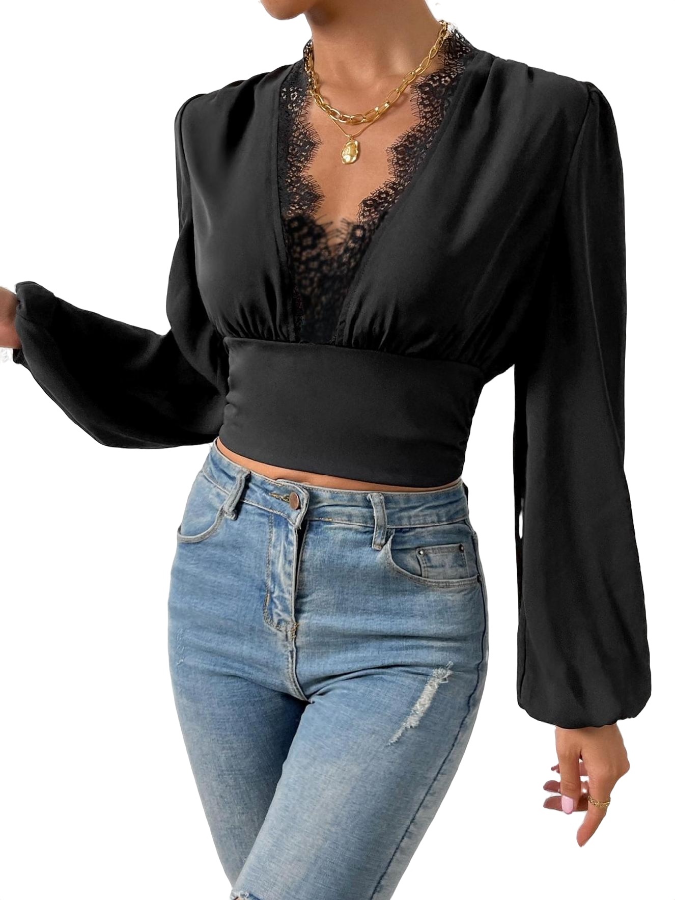 deep v neck long sleeve blouse