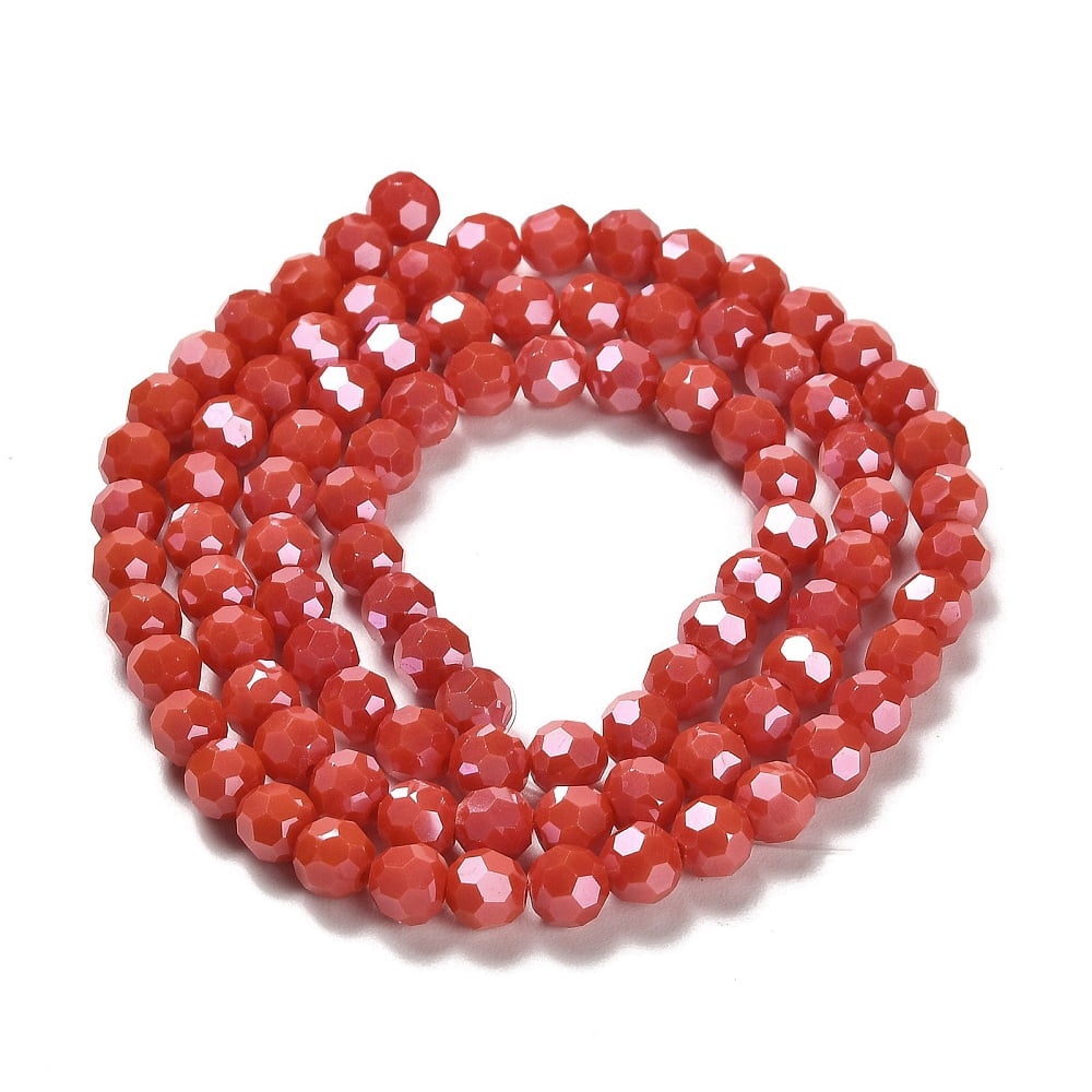 Electroplate Opaque Glass Beads Strands Faceted(32 Facets) Pearl Luster Plated Round FireBrick 6mm Hole: 1mm about 98~100pcs/strand 20.39~20.59 inch(51.8~52.3cm)