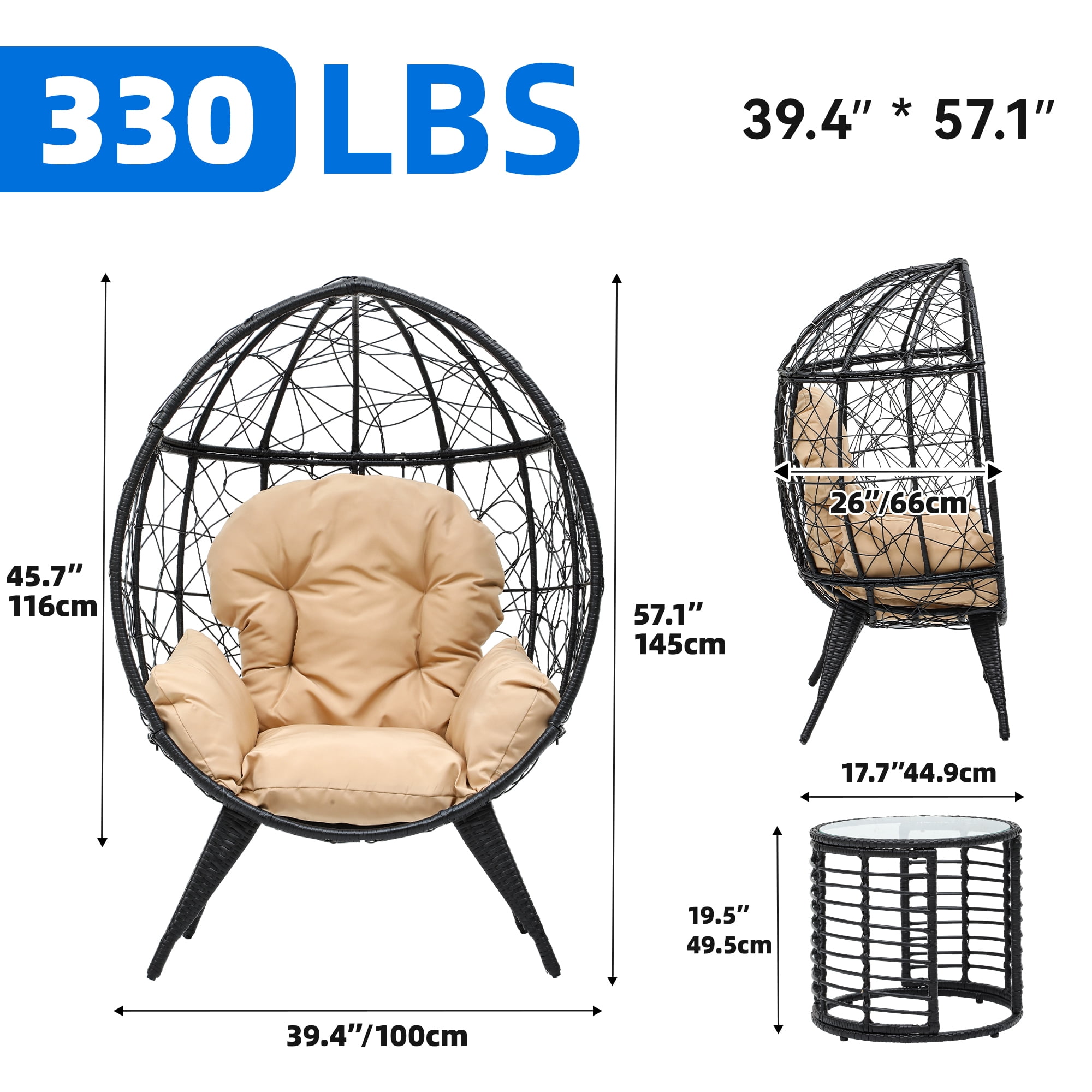 Uforic Outdoor PE Rattan Egg Chair with Table&Cushion for Patio, Garden, Backyard, Porch, Beige