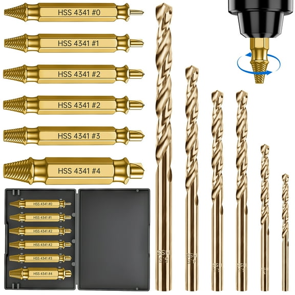 Tomorotec 12-Piece Damaged Screw Extractor Set for DIY & Professional Use, HSS 4341 Titanium Alloy Hardened Steel Stripped Screw Remover Kit with Drill Bits, 6 Screw Extractors and 6 Twist Drill Bits
