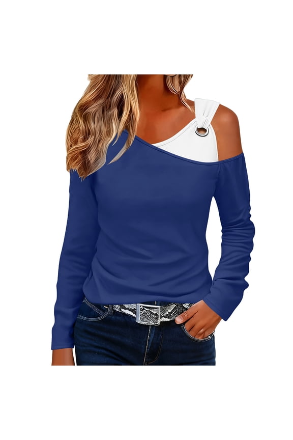 Women's Off Shoulder Tops with Buckle Strap, Casual Solid Patchwork Single Blouses, Loose Fit Fashion Tees