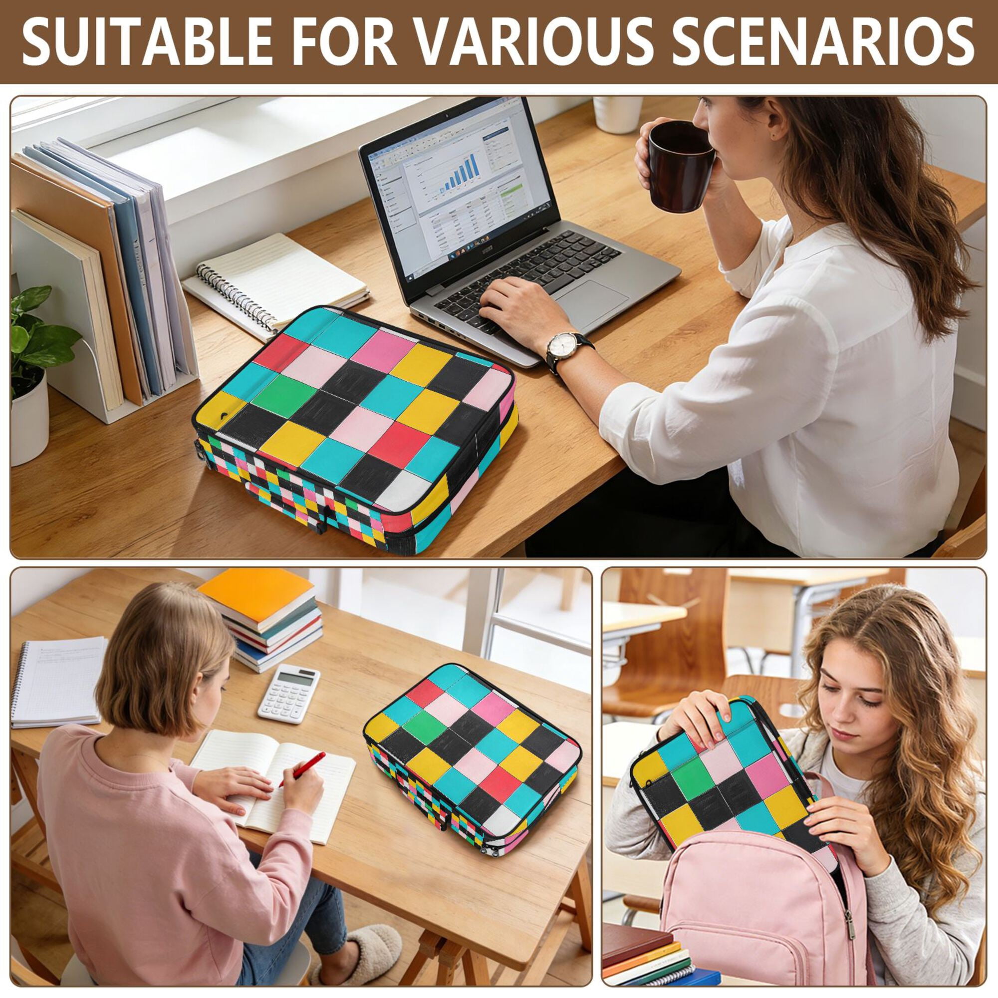 FORMRS Accordion File Folder A4 Size 7-Pocket Expanding Document Organizer Bag with 3 Ring Binder, Blue Checkered Pattern