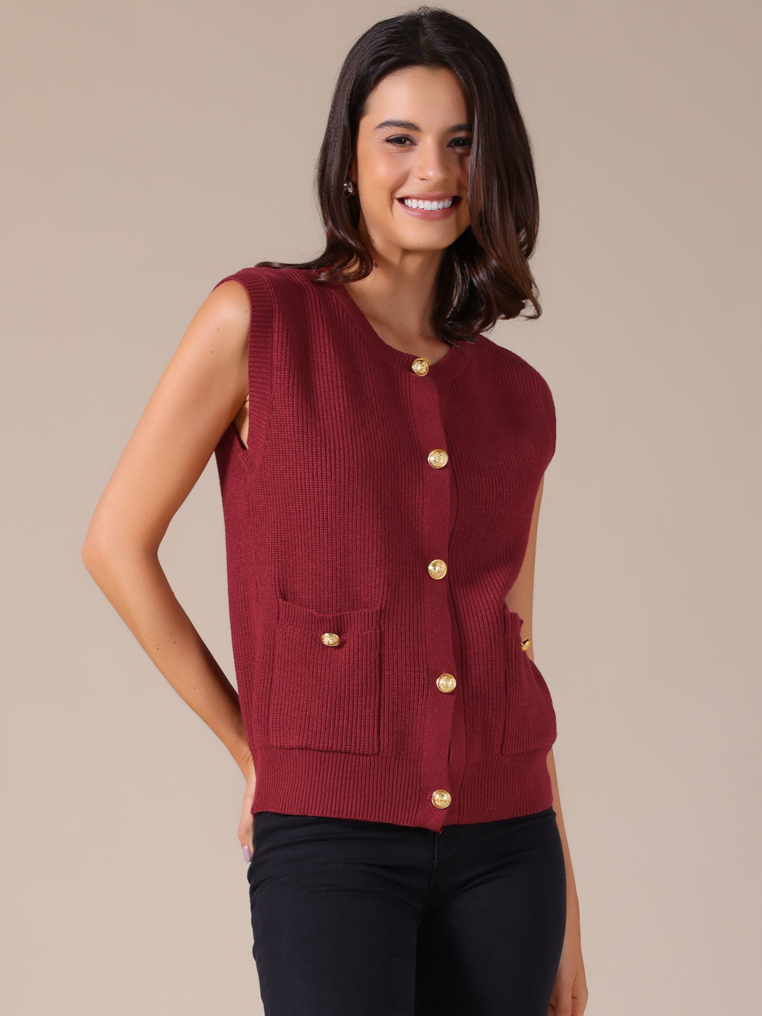 DARING DIVA Women's Button Down Sleeveless Casual Knit Tank Tops M Wine Red