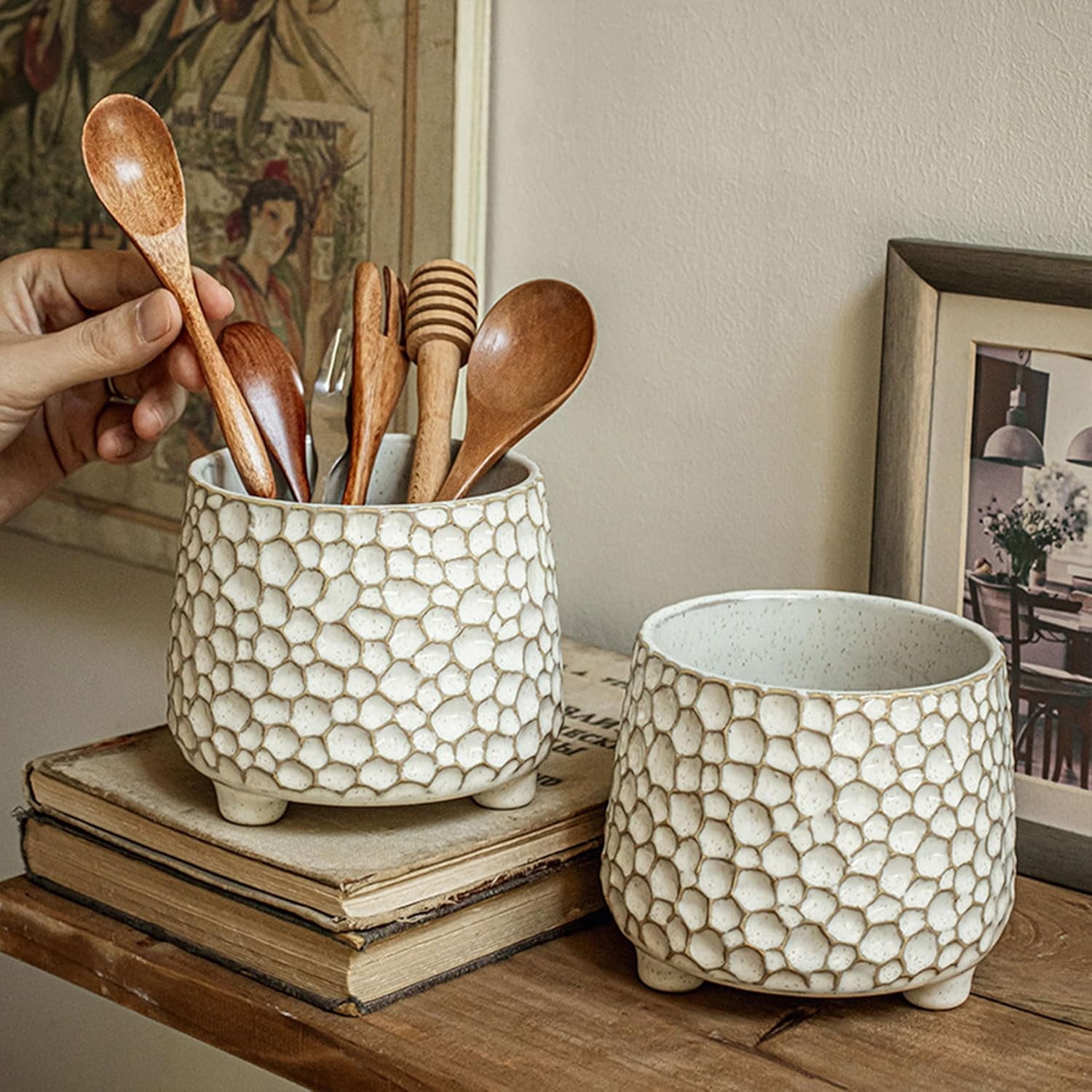 ABCISI Ceramic Utensil Holder for Countertop, 4.5-Inch Embossed Farmhouse Crock with Stable Triangular Base, Cream White Textured Kitchen Counter Organizer