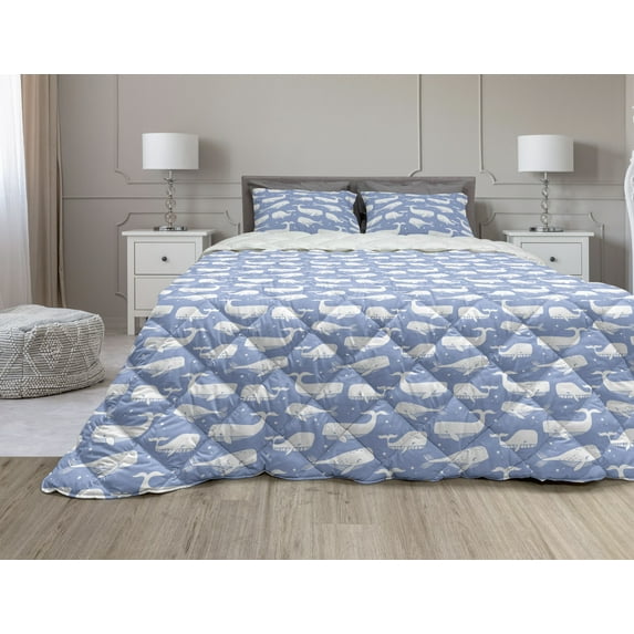 Whale Comforter & Sham Bedding Set, Themed Monochromatic Silhouette Pattern with Underwater Mammal Print, 3 pcs Duvet Set Microfiber Filling Quilt, 5 Sizes, Ceil Blue and White, by Ambesonne