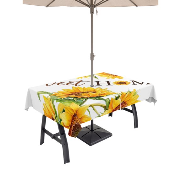 60x102 Inch Outdoor Tablecloth with Umbrella Hole Zipper Rectangle Sunflowers Farmhouse Rectangular Tablecloths Waterproof Country Botanical Floral Watercolor Patio Table Cloth Cover for Picnic