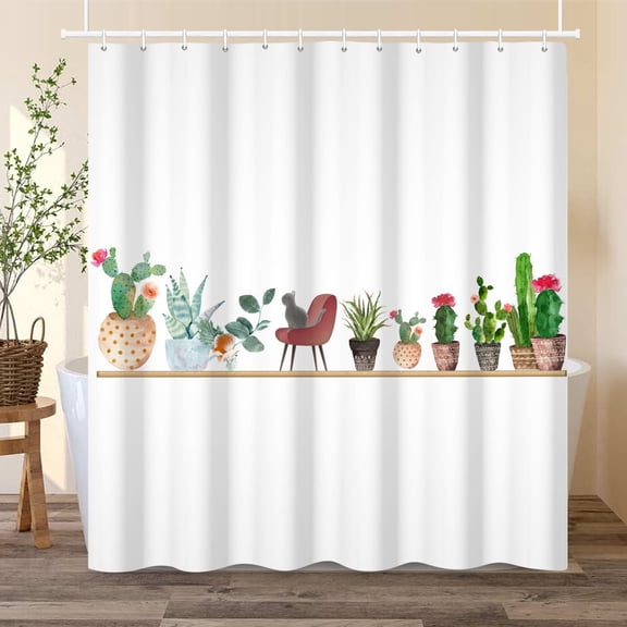 Funny Cats Shower Curtain Summer Tropical Cactus Succulent Bath Curtain for Bathroom Decor with Hooks 72x72 in