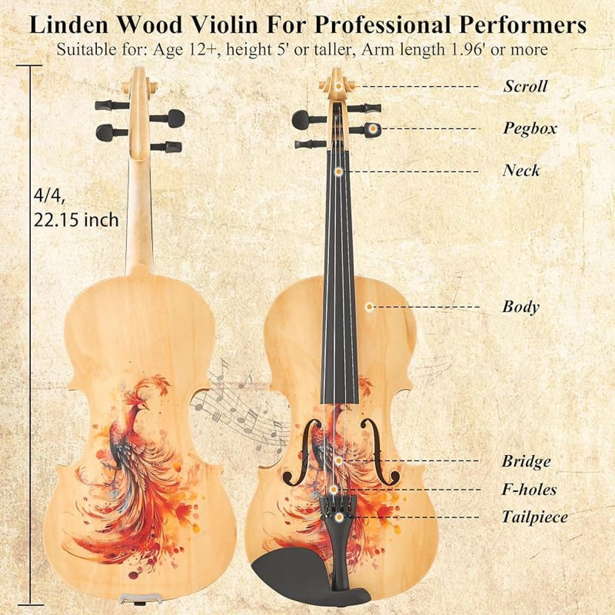 Beginner Violin 4/4 Full Size Kit, Violin Fiddle Set for Professional, Teens, Student, Solid Wood Violins Set with Bow, Rosin, Shoulder Rest, Extra Strings and a Lightweight Hard Case (Red)