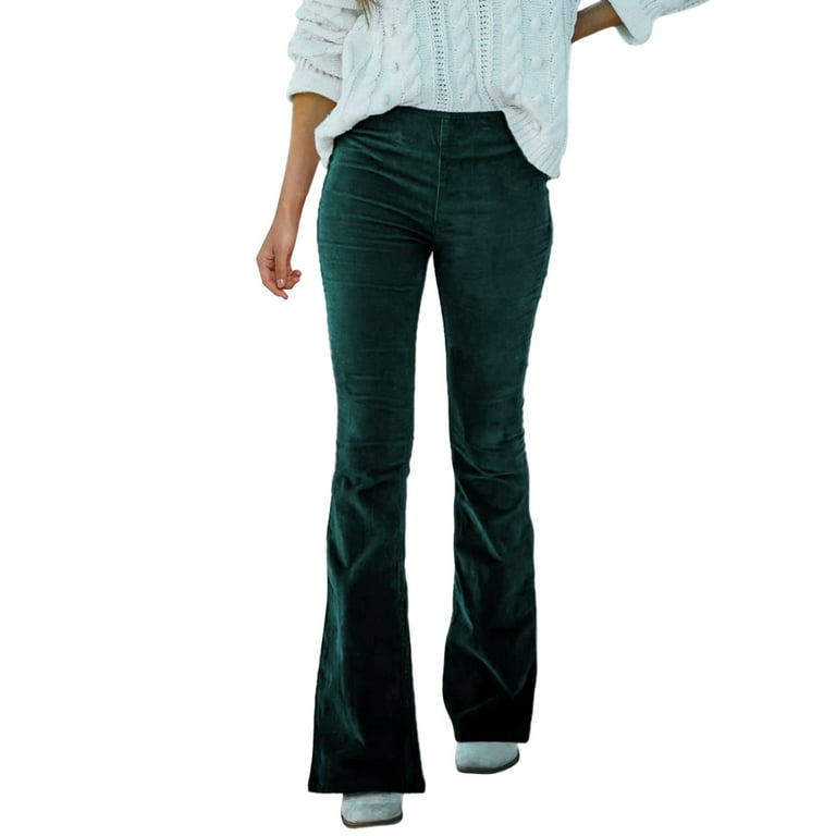 Women Corduroy Flare Pants Elastic Waist Bell Bottom Green Trousers 