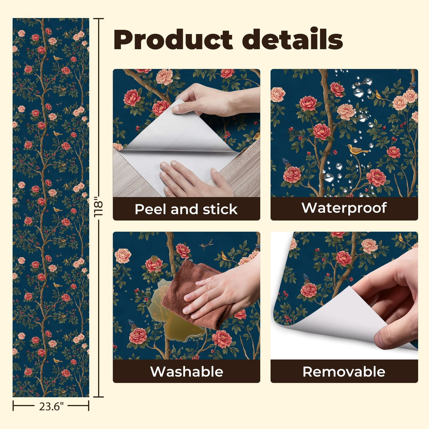 Peel and Stick Wallpaper Vintage Floral Birds Peony Flowers Deep Blue Wall Mural 23.6in x 9.8ft Self Adhesive Removable Wall Paper Renter Friendly Wallpaper for Nursery Bedroom Cabinets
