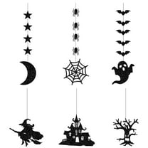 Black Horror Glitter Halloween Ornaments, Witch Bat Spider Web Haunted House Halloween Hanging Decorations, Indoor and Outdoor, Wall, Party, Porch, Room, Halloween Decorations.