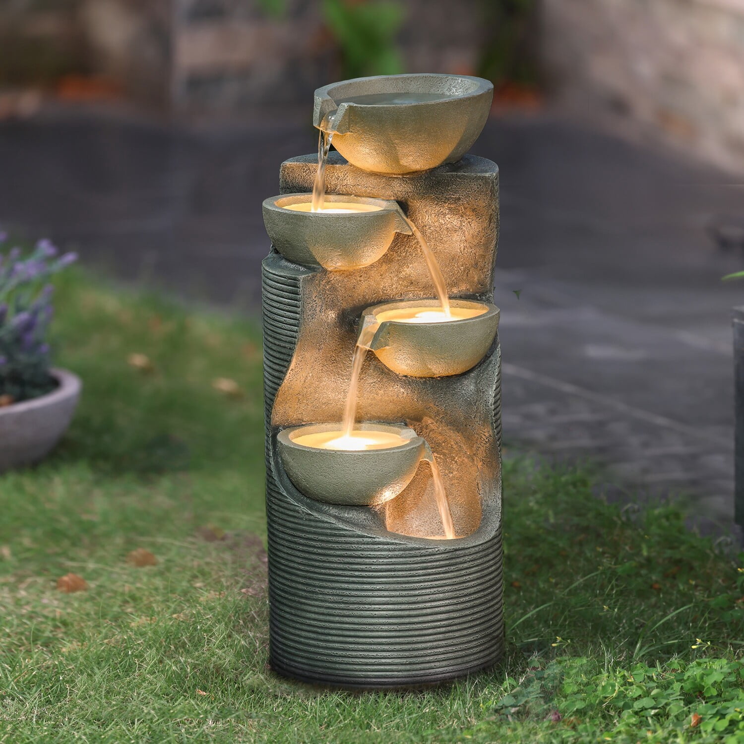 LuxenHome Modern Gray Resin Tiered Bowls Outdoor Fountain with Lights