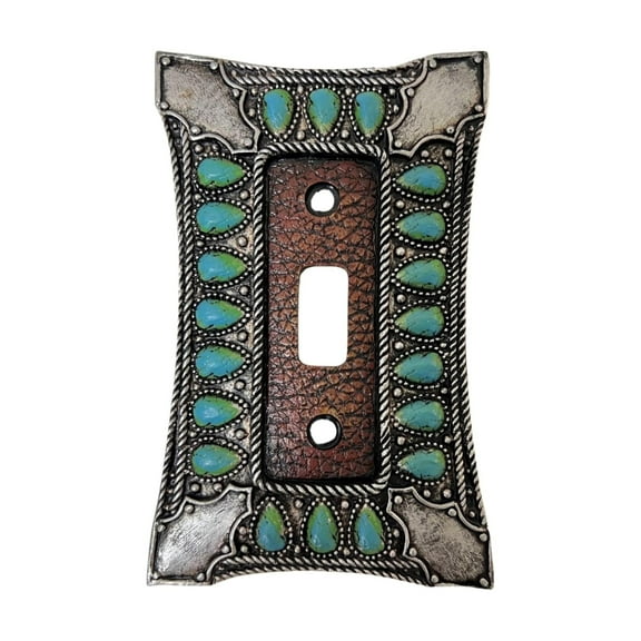 Single Toggle Switch Decorative Wall Plate – 1-Gang Light Switch Cover in Southwest Tooled Leather and Hand-Painted Faux Turquoise Gemstone Design – Rustic Western & Southwestern Home Décor