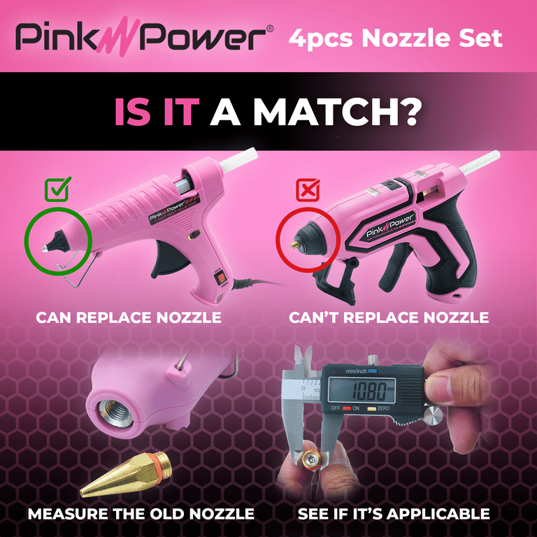 Pink Power Fine Tip Glue Gun Nozzles for Hot Glue Guns - 4 Pack Copper Nozzles for Full Size Dual Temp Hot Melt Glue Guns - Large & Small Hot Glue Gun