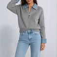 thumbnail image 4 of Women'S Denim Spliced Collar Zip‑Up Knit Cardigan Top Gray One size, 4 of 7
