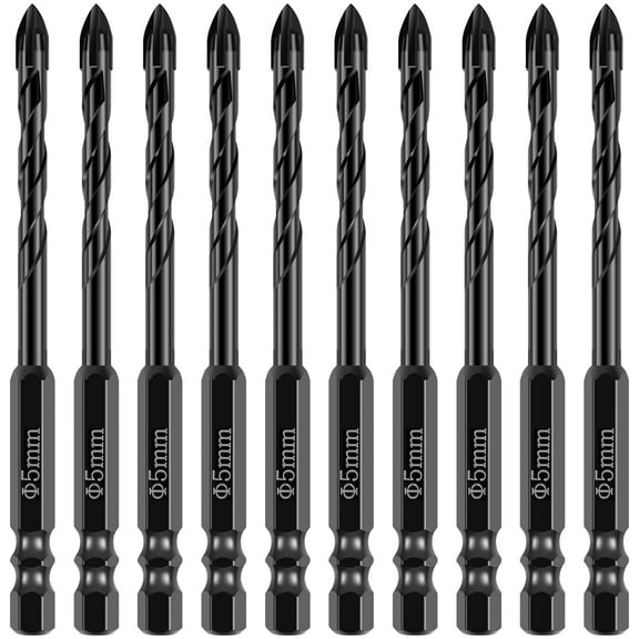 Ikoopy 10Pcs Concrete Drill Bit Set 5mm/8mm Alloy Masonry Drill Bit Set Stable Carbide Tipped Tile Drill Bit Cross Head 1/4 Hex Shank Drilling Hole Bit for Concrete Cement Brick Wood