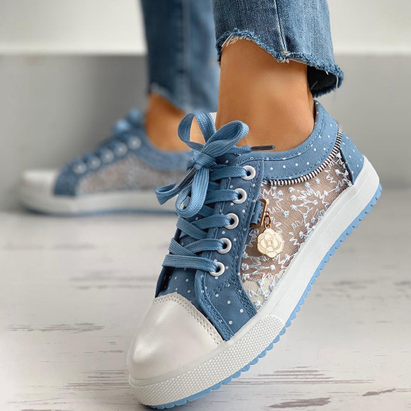 Blphud Women's Tennis Shoes Summer Shoes for Women 2024 Casual Mesh Up out Pattern Lace Casual Shoes Fashion Floral Hollow Women's Lace Women's Casual Shoes Womens Sneakers Sky Blue 37
