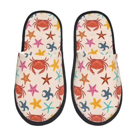 

Qekee Crabs And Seastars Print Furry Slippers for Women and Men House Slipper Funny Bedroom Slippers Indoor -Large