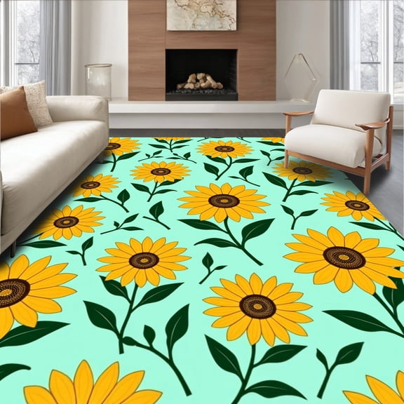 ODIKA 4'x6' Machine Washable Non-Slip Area Rug, Sunflower Meadow Interlocking Medallion High Traffic Rug, Yellow, 419518