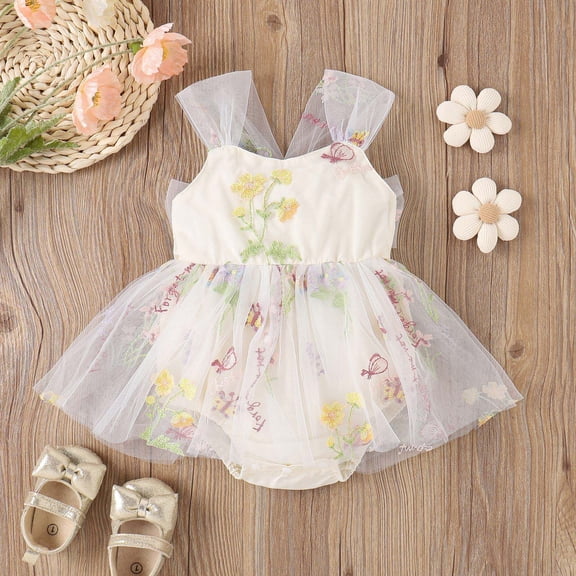 Dresses for Baby Girls Cute Pattern Embroider Girls Tutu Dress Romper Sleeveless Bodysuit Baby Cloths Outfit for Baby Girl 12-18 Months