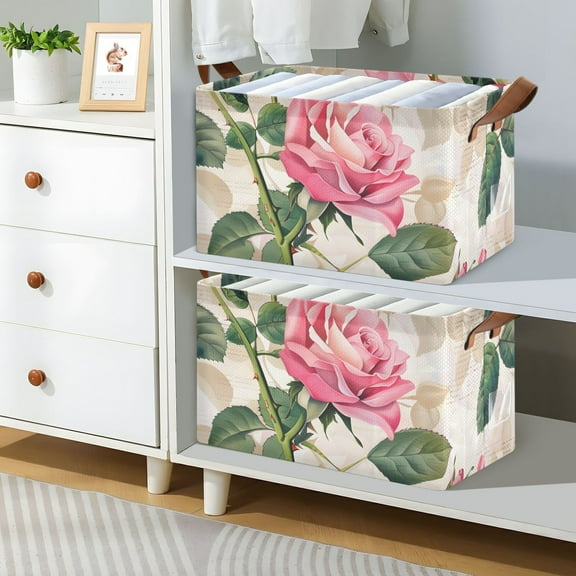 Pink Beautiful Rose Foldable Storage Large Fabric Storage Baskets Organizer Storage Bins with Handles for Shelves