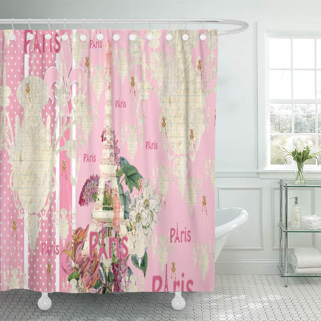 Yusdecor French Vintage Pink Paris Eiffel Tower Chandelier Parisian Collage Bathroom Decor Bath Shower Curtain 60x72 Inch Walmart Canada