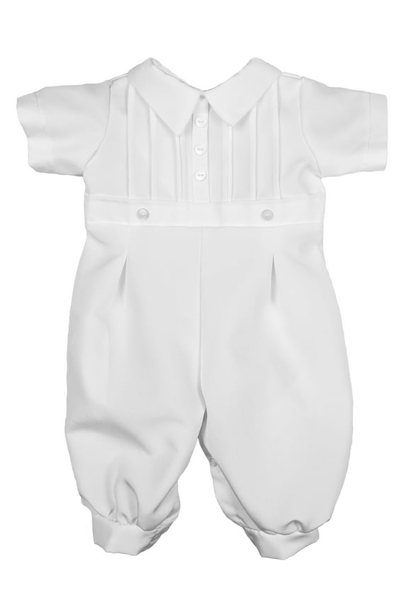 Baby Boys White Short Sleeve Collared Romper Coverall with Pin-Tucking