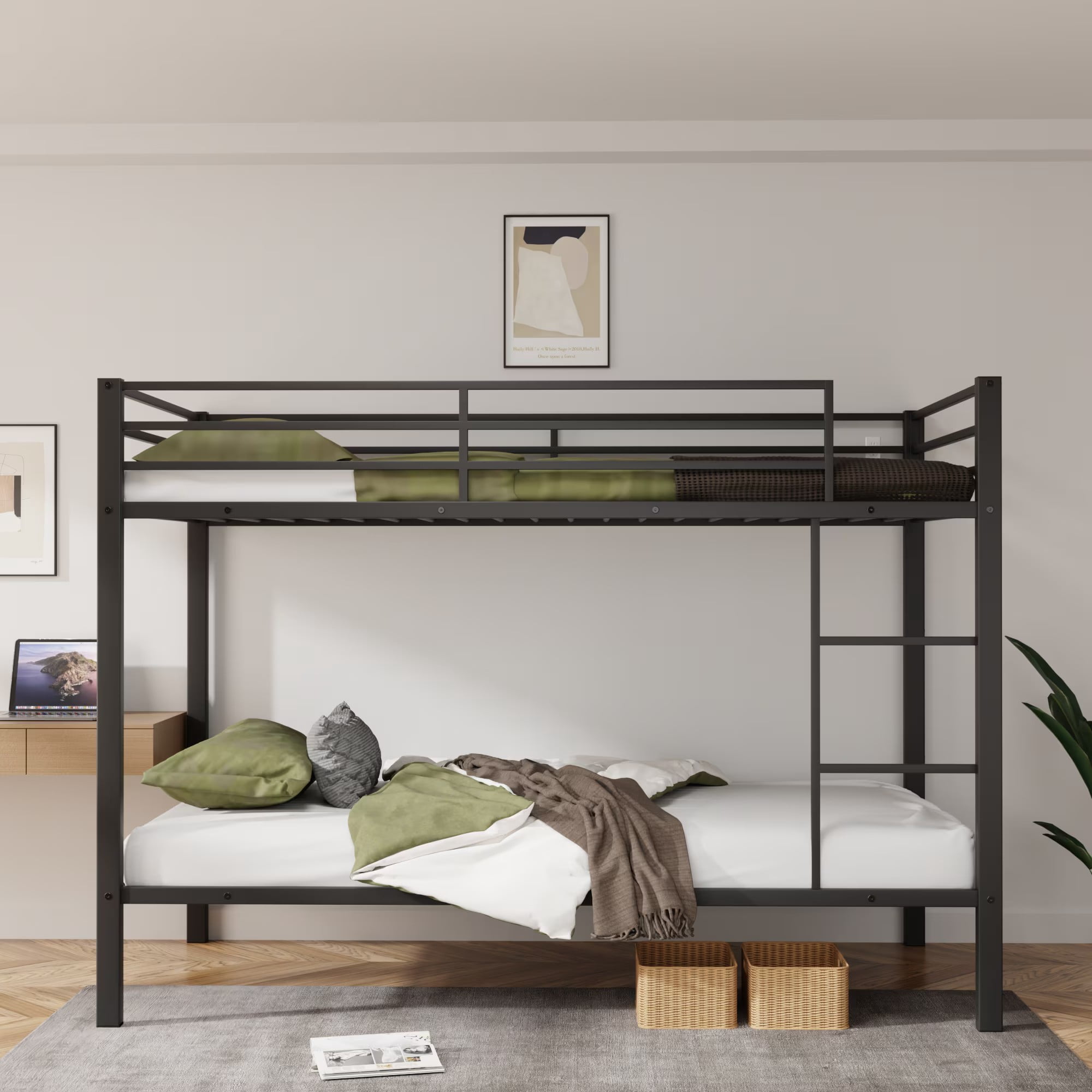 Aukfa Metal Bunk Bed Twin Over Twin, High Guardrail and Metal Slats, Space-Saving Bed Frame for Kids Teens, Black